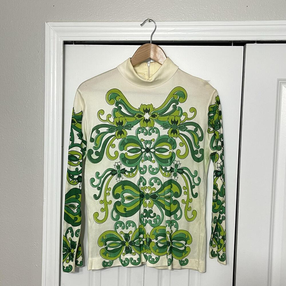 Vintage Jane Colby Top Womens Large Green Floral Mock Neck Zip Jersey 60s 70s